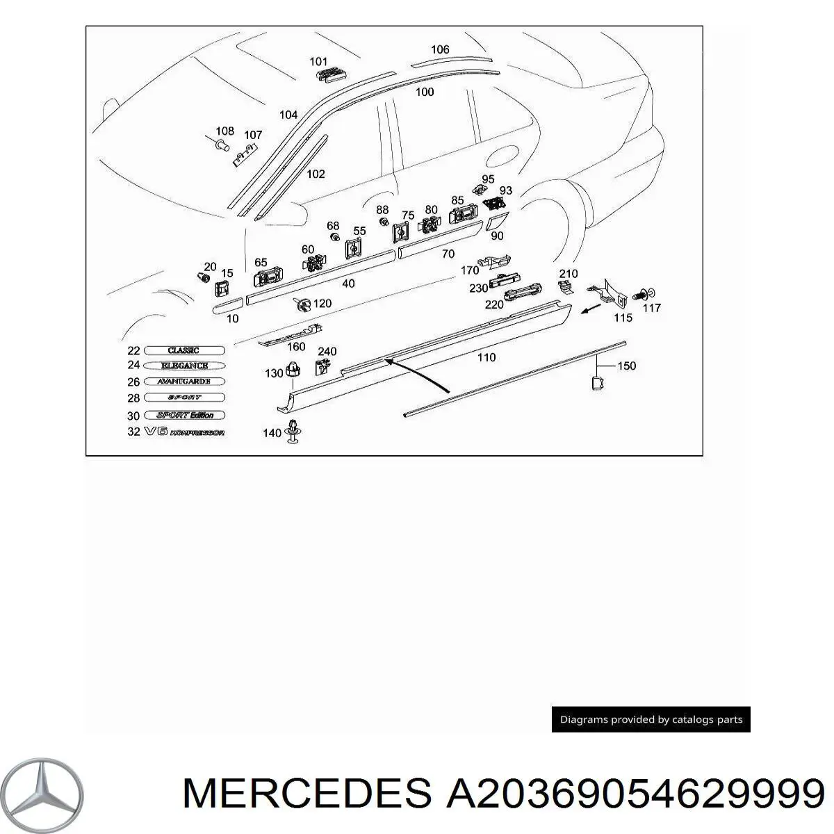 A20369054629999 Mercedes Moldura do pára-lama traseiro direito