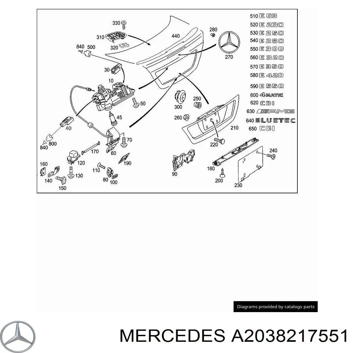 A2038217551 Mercedes Botão de acionamento do fecho de tampa de porta-malas (de 3ª/5ª porta (de tampa de alcapão)
