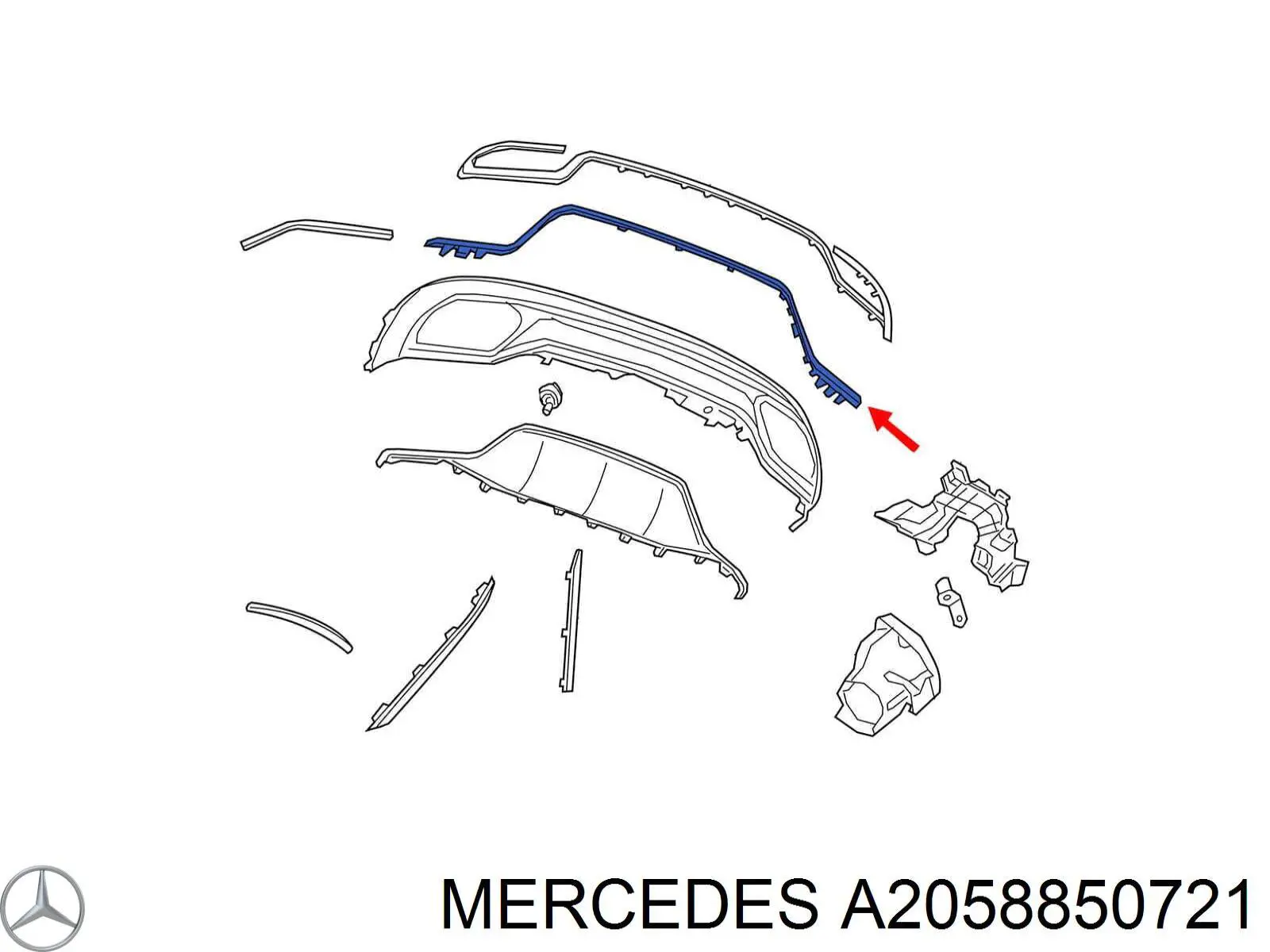 A2058850721 Mercedes Moldura central do pára-choque traseiro