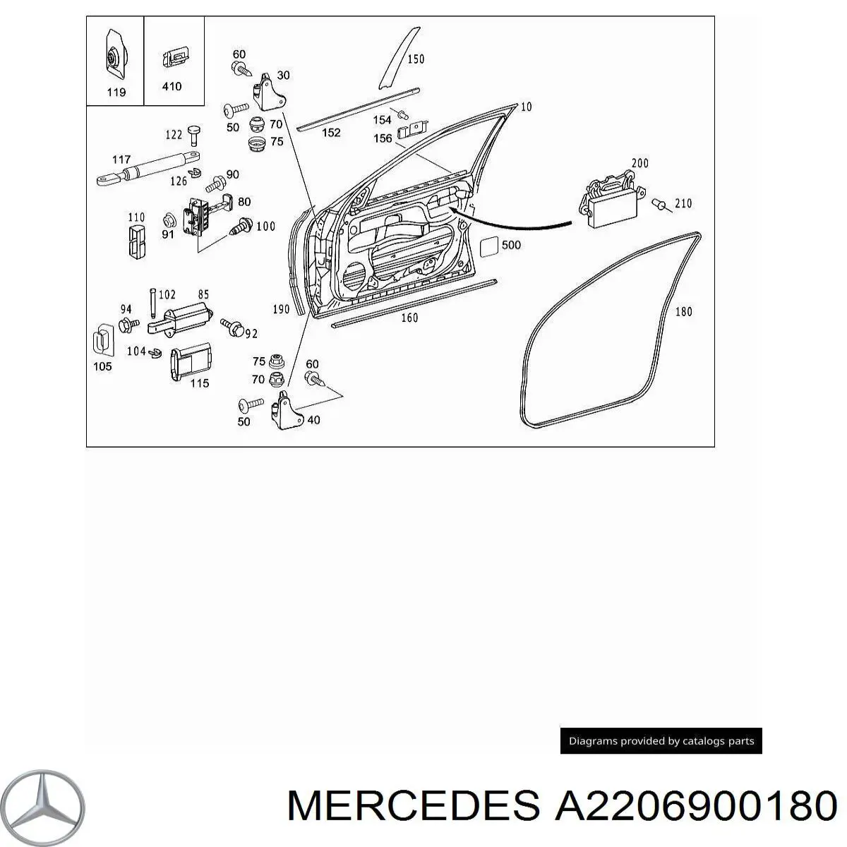 A2206900180 Mercedes Compactador externo de vidro da porta dianteira esquerda (chapa)