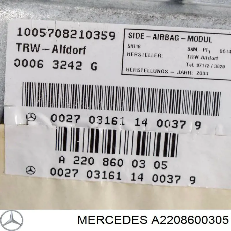 Compre A2208600305 Mercedes Cinto de segurança (AIRBAG) da porta dianteira esquerda