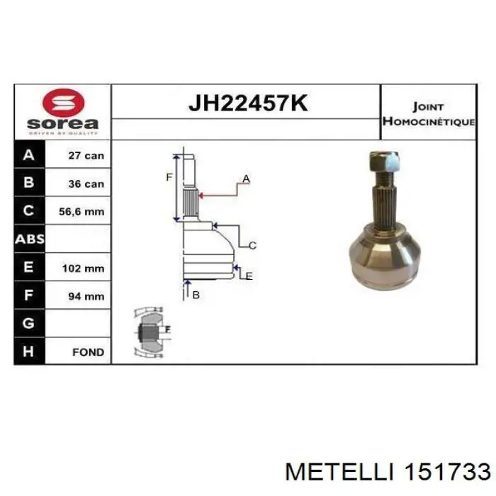Junta homocinética externa dianteira Metelli 151733 preço, a partir de 55,55 USD