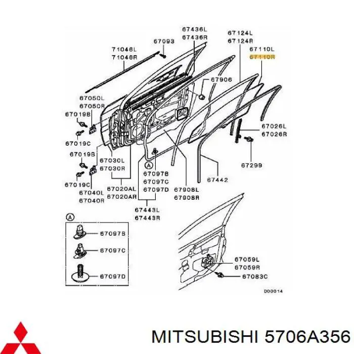 5706A046 Mitsubishi Vidro da porta dianteira direita
