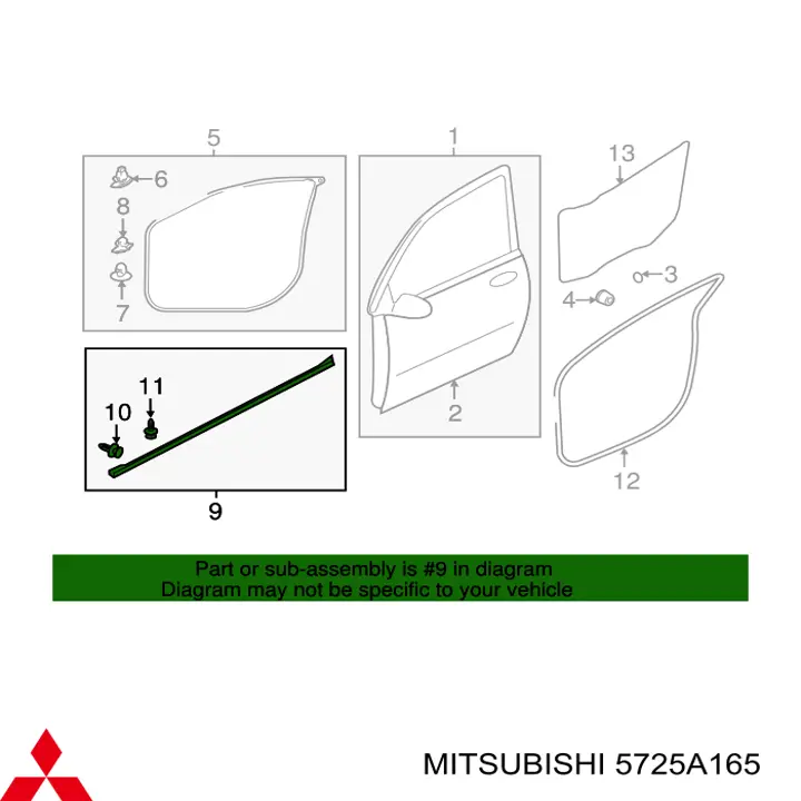 5725A165 Mitsubishi Compactador interno de vidro da porta dianteira esquerda (chapa)