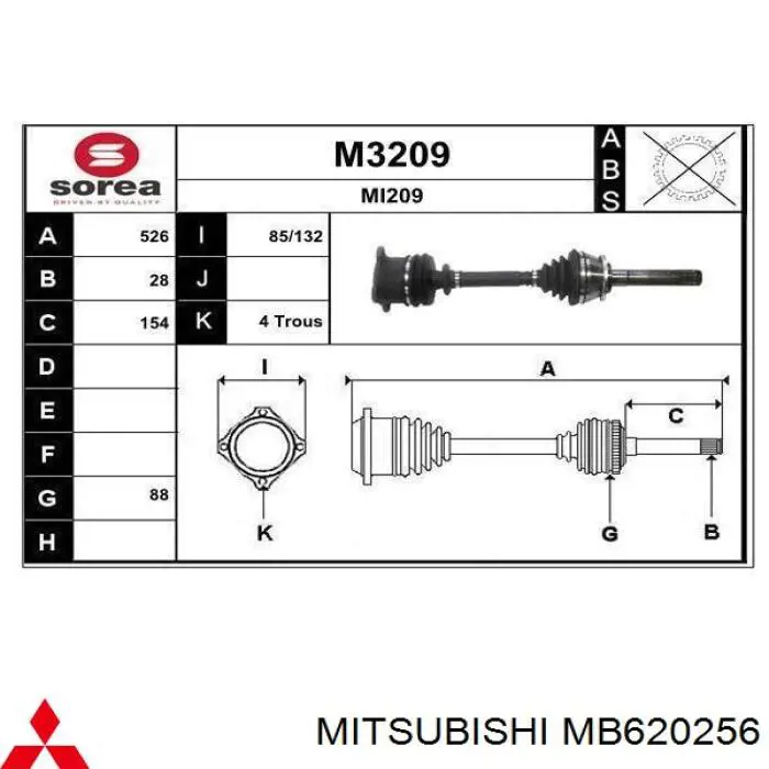 Semieixo (acionador) dianteiro direito Mitsubishi MB620256 preço, a partir de 120,88 USD