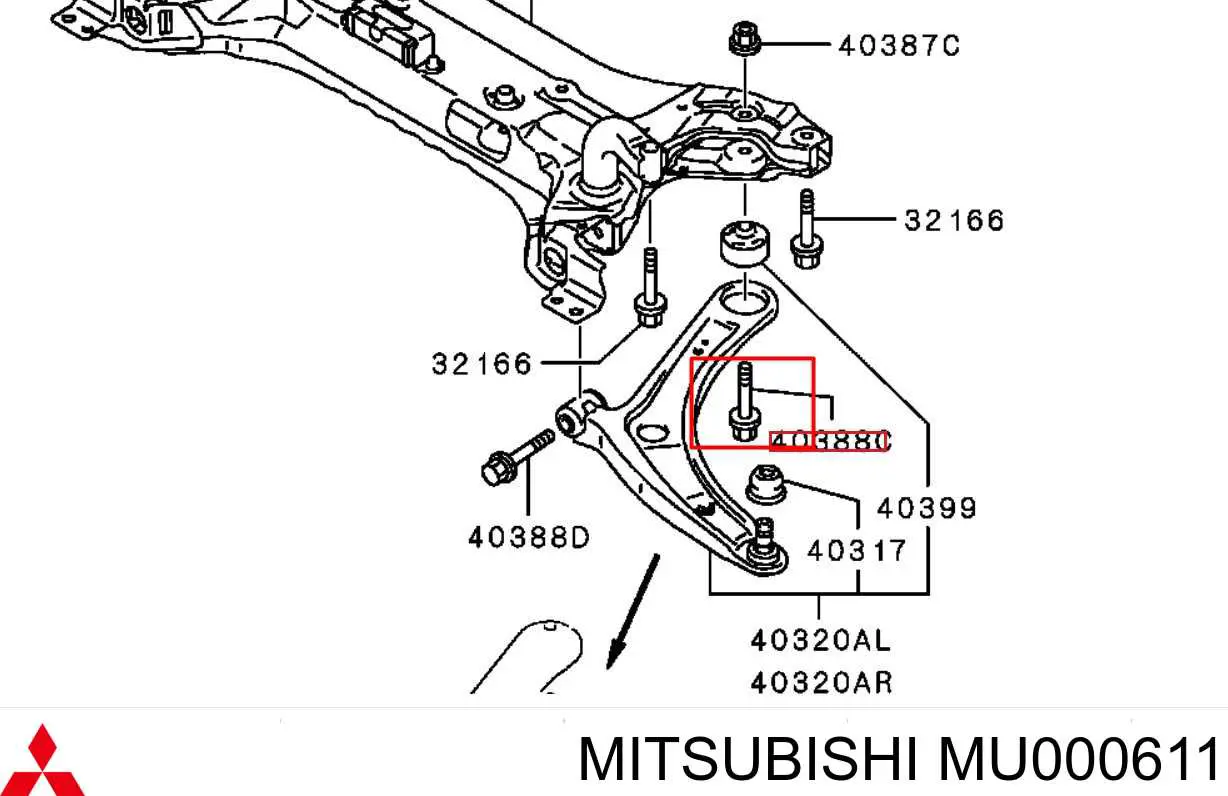 MU000611 Mitsubishi Parafuso de fixação de braço oscilante dianteiro, inferior