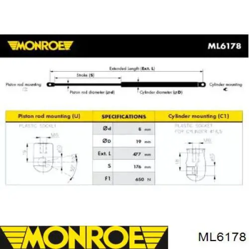 Amortecedor de tampa de porta-malas (de 3ª/5ª porta traseira) Monroe ML6178 preço, a partir de 17,49 USD