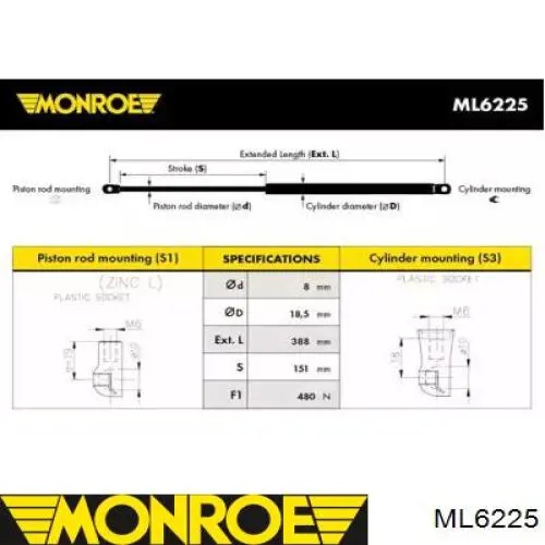 ML6225 Monroe Amortecedor de tampa de porta-malas (de 3ª/5ª porta traseira)