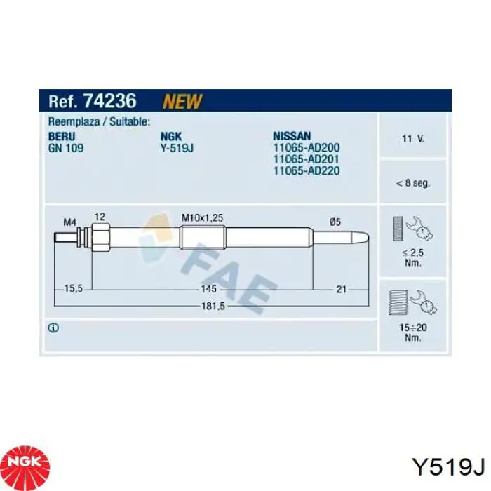 Y519J NGK Vela de incandescência