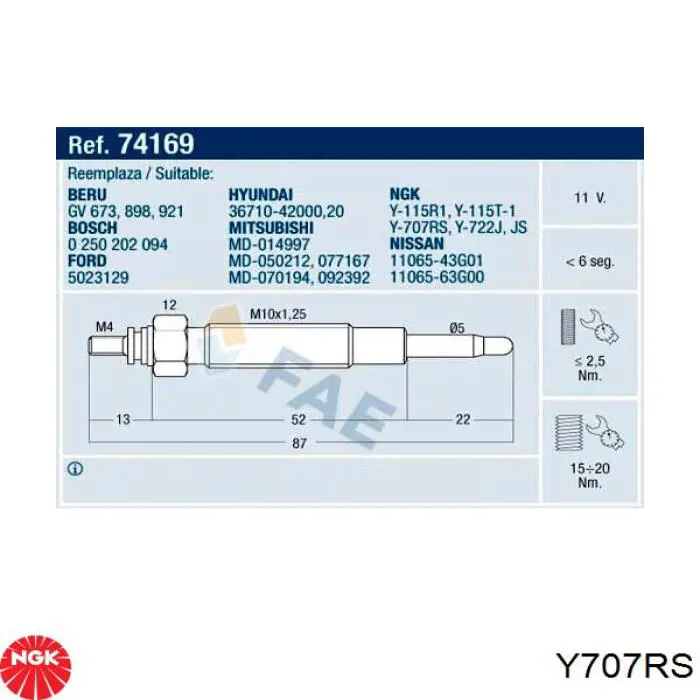 Y707RS NGK Vela de incandescência