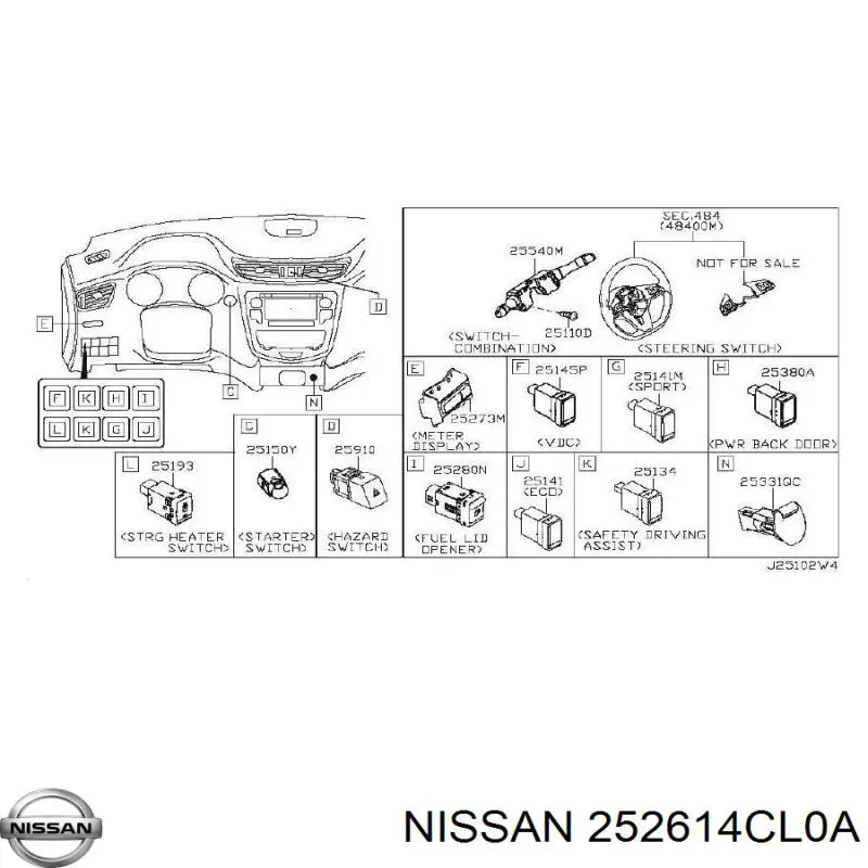 252614CL0A Nissan/Infiniti Botão de salão de acionamento de tampa de porta-malas (de 3ª/5ª porta (de tampa de alcapão)