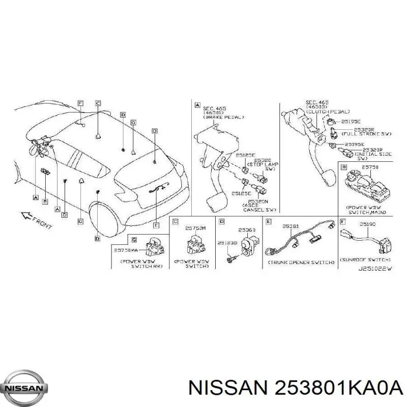 253801KA0A Nissan/Infiniti Botão de acionamento do fecho de tampa de porta-malas (de 3ª/5ª porta (de tampa de alcapão)