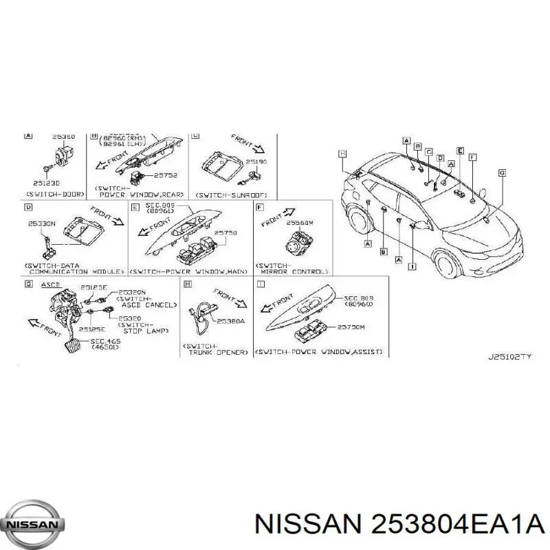 253804EA1A Nissan/Infiniti Botão de acionamento do fecho de tampa de porta-malas (de 3ª/5ª porta (de tampa de alcapão)