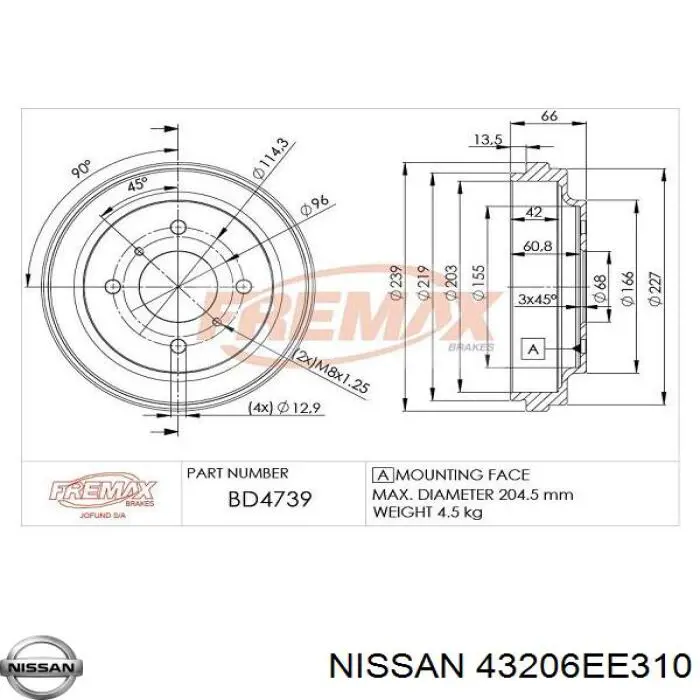 Tambor do freio traseiro Nissan/Infiniti 43206EE310 preço, a partir de 37,94 USD
