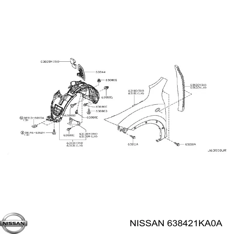 Compre 638421KA0A Nissan/Infiniti Guarda-barras direito do pára-lama dianteiro