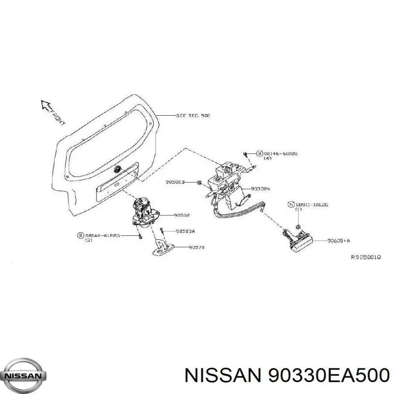 90330EA500 Nissan/Infiniti Fecho de vidro de porta-malas (de 3ª/5ª porta traseira (de tampa de alcapão)