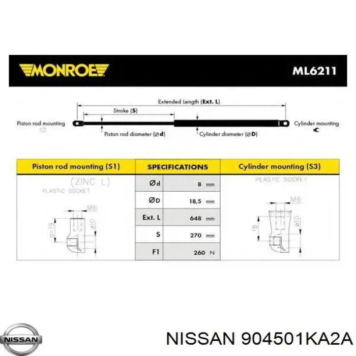 Compre 904501KA2A Nissan/Infiniti Amortecedor de tampa de porta-malas (de 3ª/5ª porta traseira)