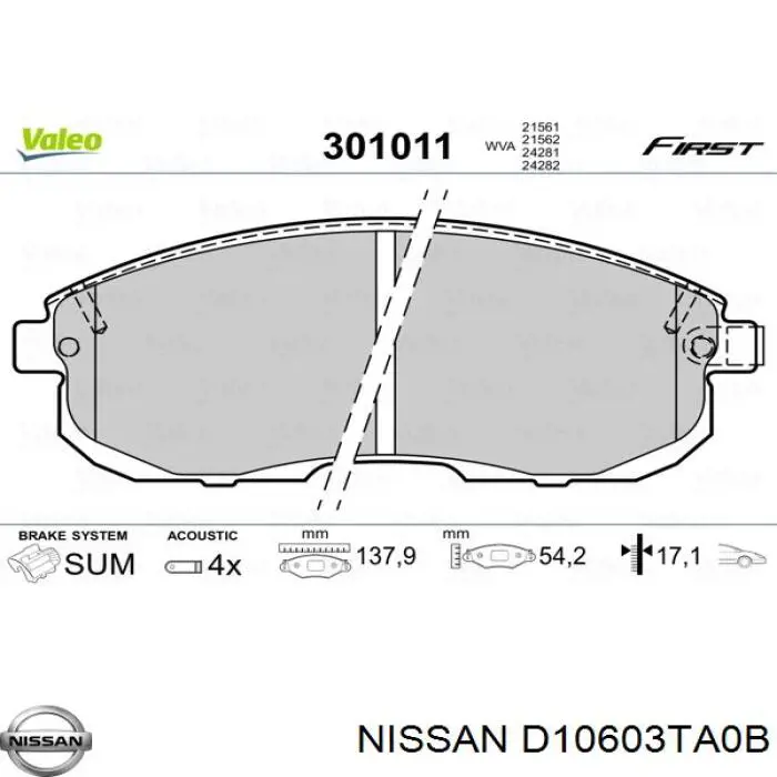 D10603TA0B Nissan/Infiniti Sapatas do freio dianteiras de disco