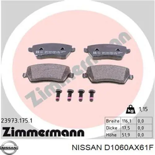 Compre D1060AX61F Nissan/Infiniti Sapatas do freio dianteiras de disco