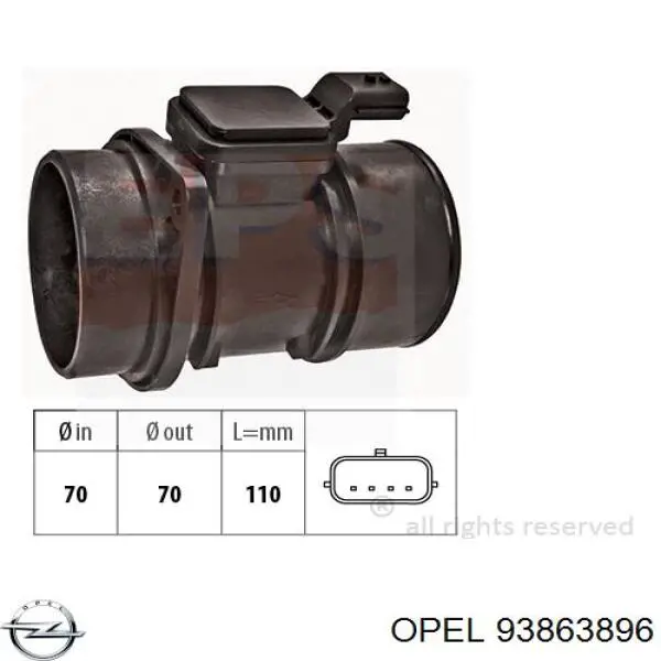 Compre 93863896 Opel Sensor de fluxo (consumo) de ar, medidor de consumo M.A.F. - (Mass Airflow)