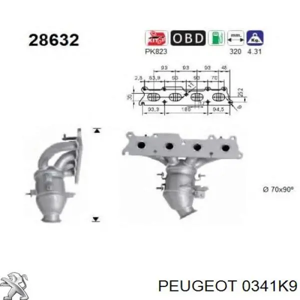 Convertidor - catalisador Peugeot/Citroen 0341K9 preço, a partir de 342,26 USD
