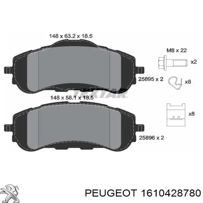 1610428780 Peugeot/Citroen Sapatas do freio dianteiras de disco