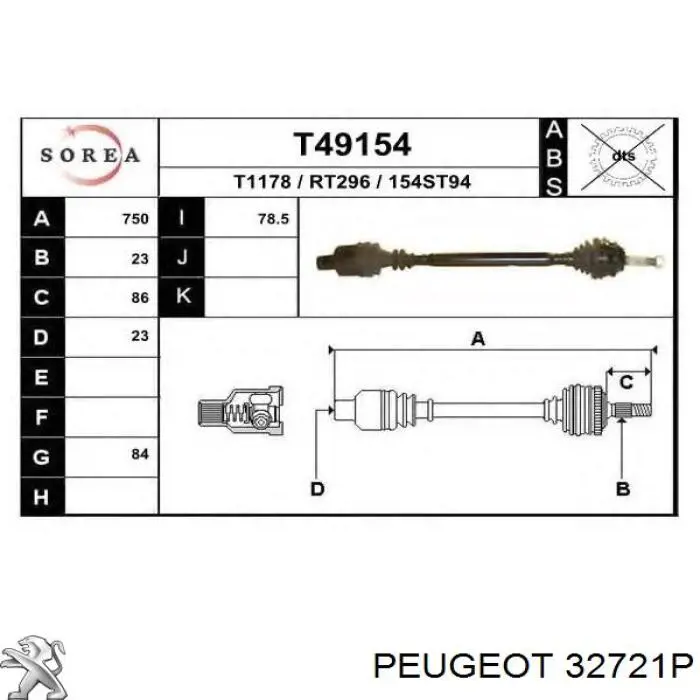 32721P Peugeot/Citroen Semieixo (acionador) dianteiro esquerdo