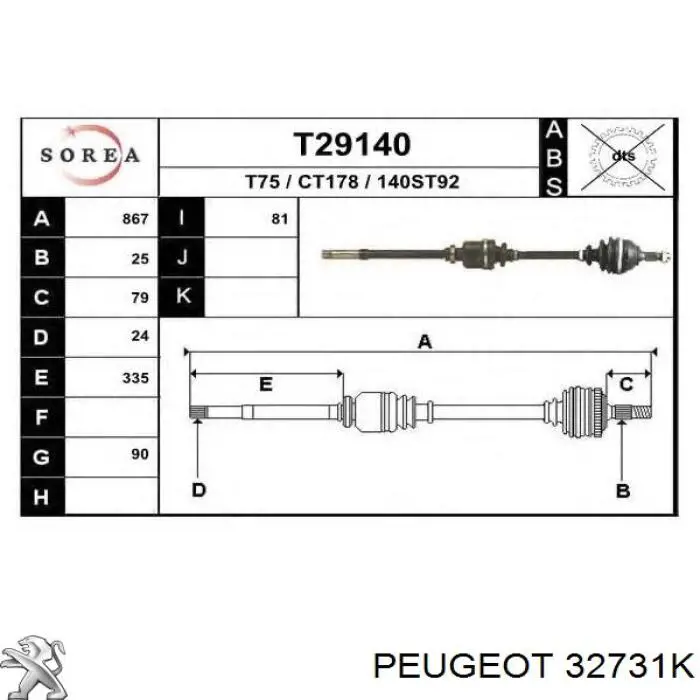 Semieixo (acionador) dianteiro direito Peugeot/Citroen 32731K preço, a partir de 61,40 USD