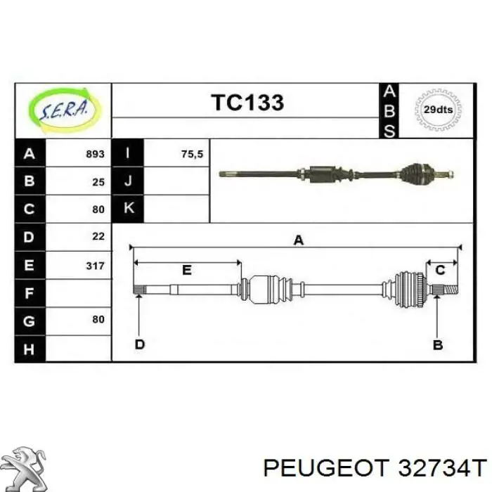 32734T Peugeot/Citroen Semieixo (acionador) dianteiro direito