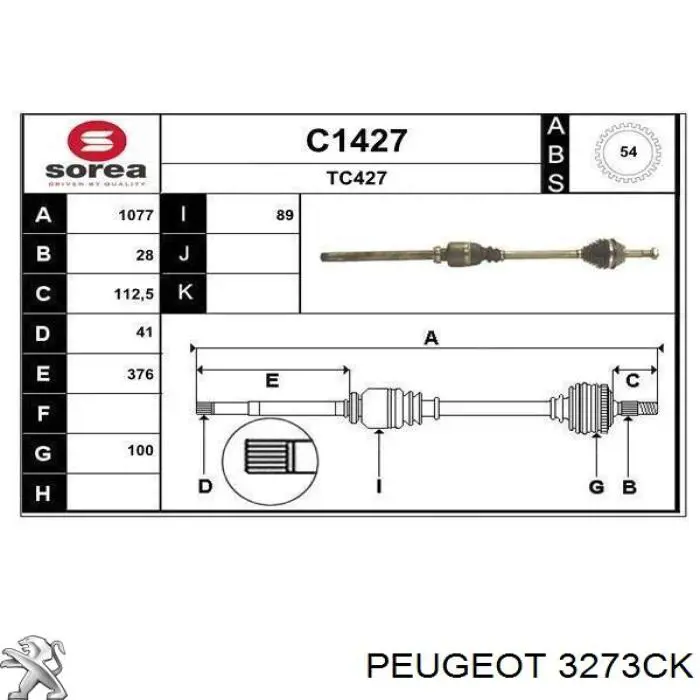Semieixo (acionador) dianteiro direito Peugeot/Citroen 3273CK preço, a partir de 120,88 USD