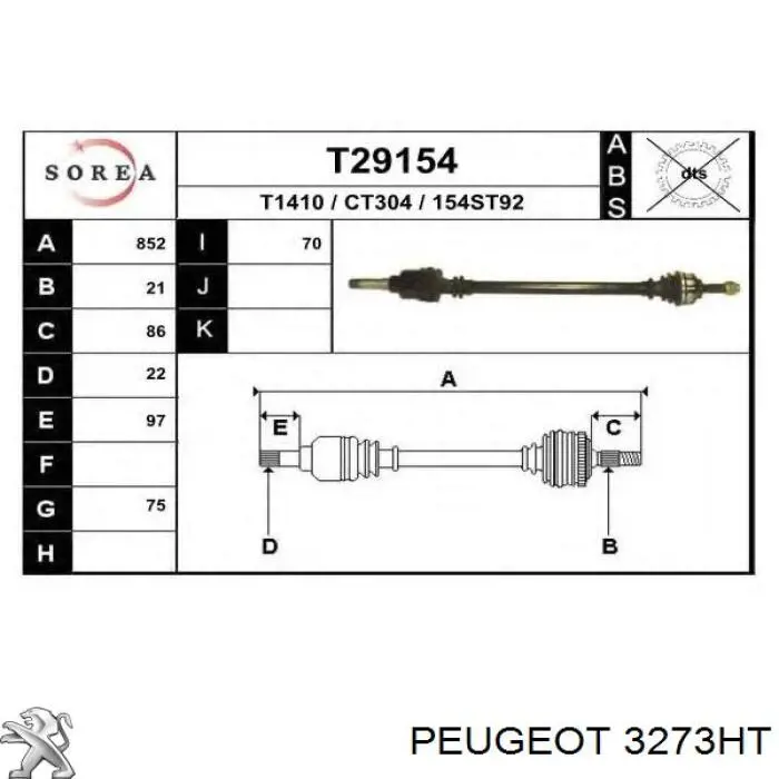 Semieixo (acionador) dianteiro direito Peugeot/Citroen 3273HT preço, a partir de 66,64 USD