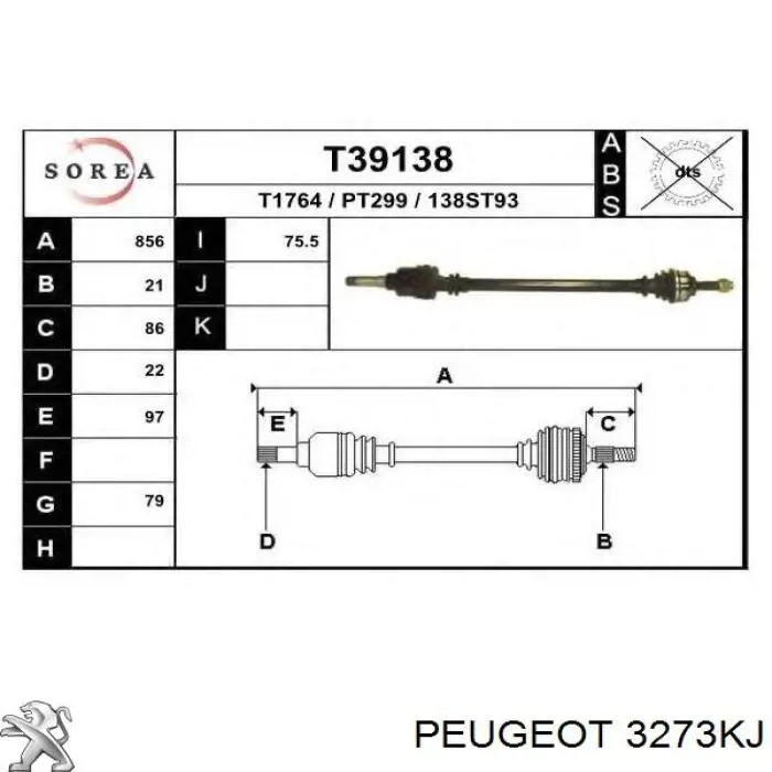 Compre 3273KJ Peugeot/Citroen Semieixo (acionador) dianteiro direito