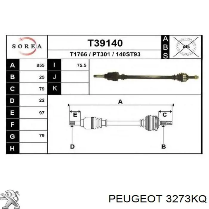 Compre 3273KP Peugeot/Citroen Semieixo (acionador) dianteiro direito