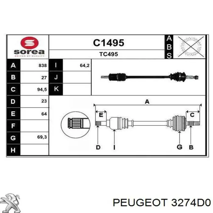 3274D0 Peugeot/Citroen Semieixo traseiro direito