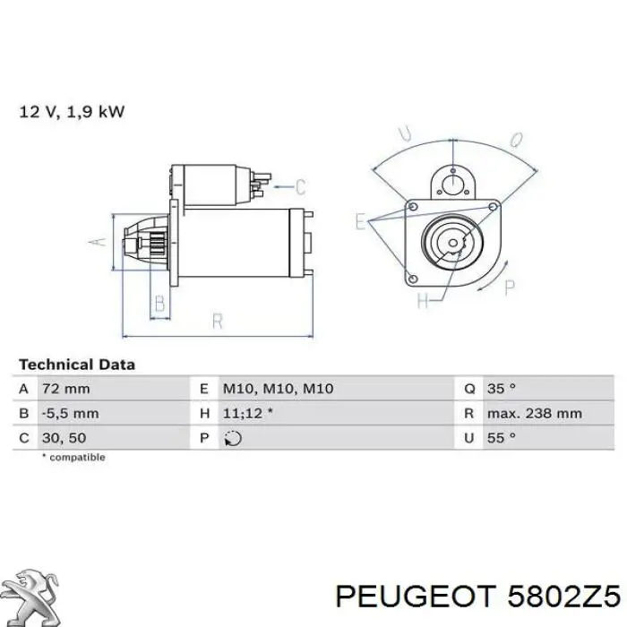 Motor de arranco Peugeot/Citroen 5802Z5 preço, a partir de 66,40 USD