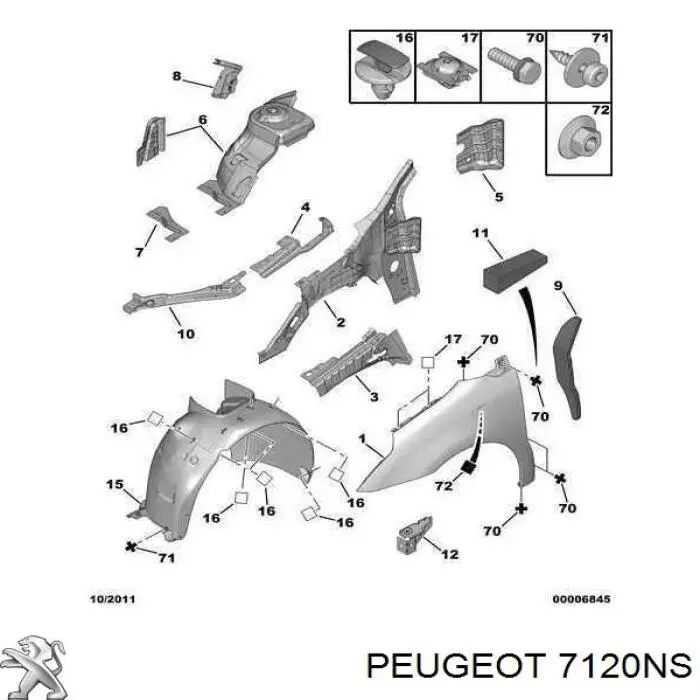 7120NS Peugeot/Citroen Reforço do para-lama dianteiro direito