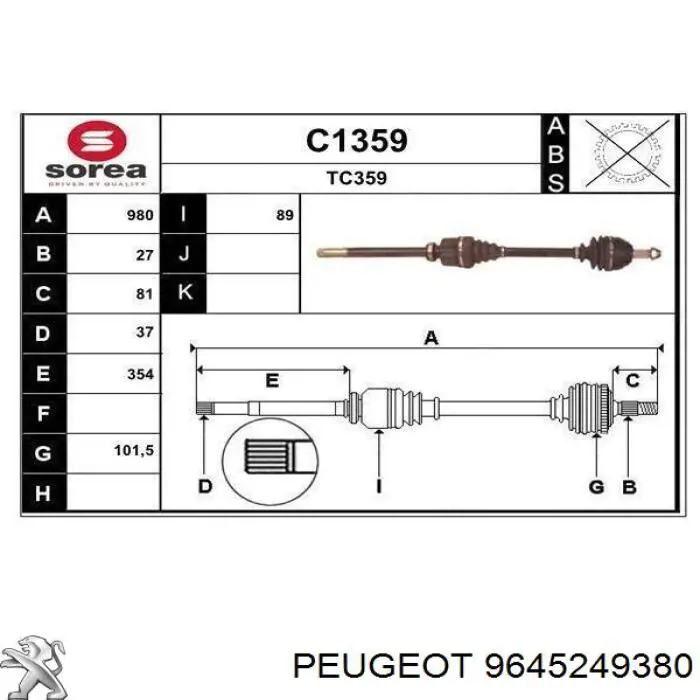 9645249380 Peugeot/Citroen Semieixo (acionador) dianteiro direito