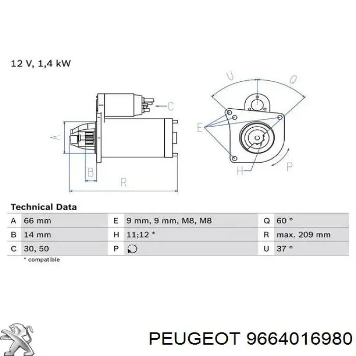 9664016980 Peugeot/Citroen Motor de arranco