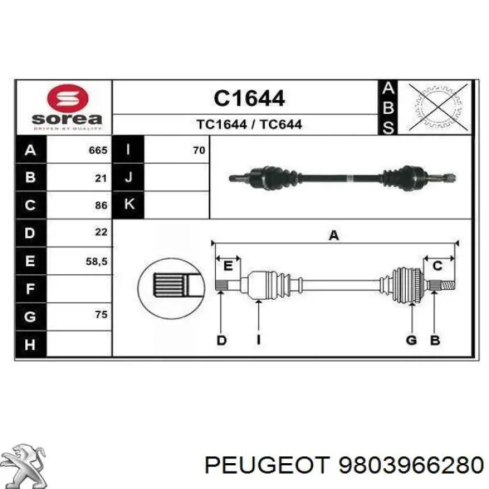 9803966280 Peugeot/Citroen Semieixo (acionador) dianteiro esquerdo