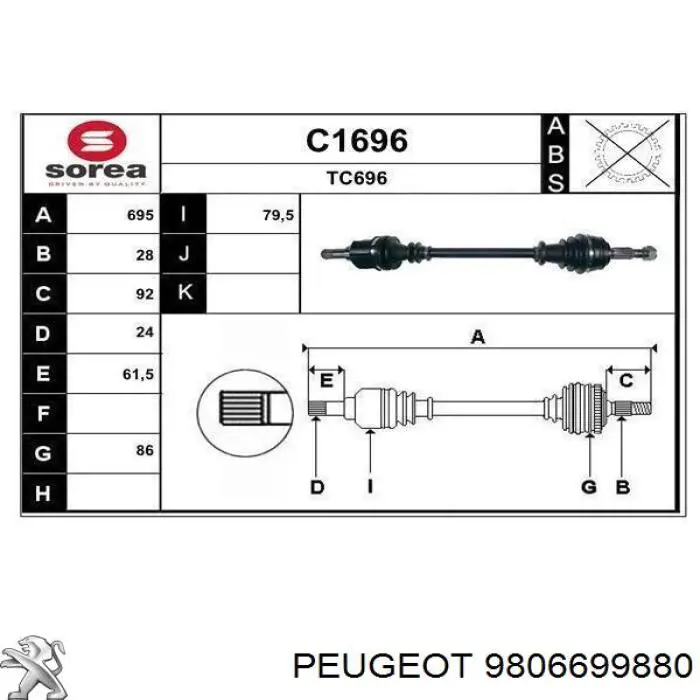 Semieixo (acionador) dianteiro esquerdo Opel 9806699880 preço, a partir de 109,15 USD