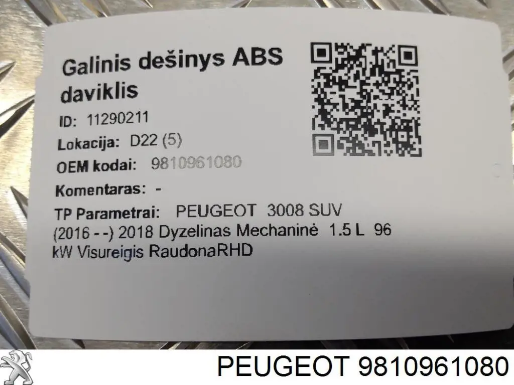 9810961080 Peugeot/Citroen Sensor ABS traseiro