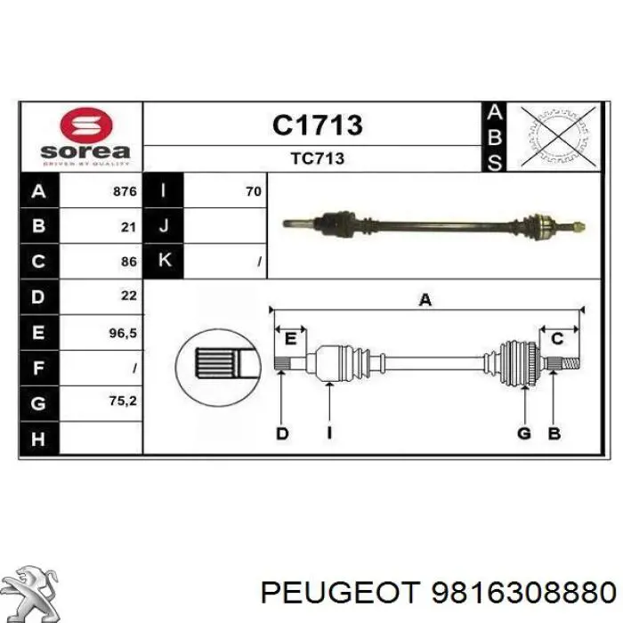 9816308880 Peugeot/Citroen Semieixo (acionador) dianteiro direito