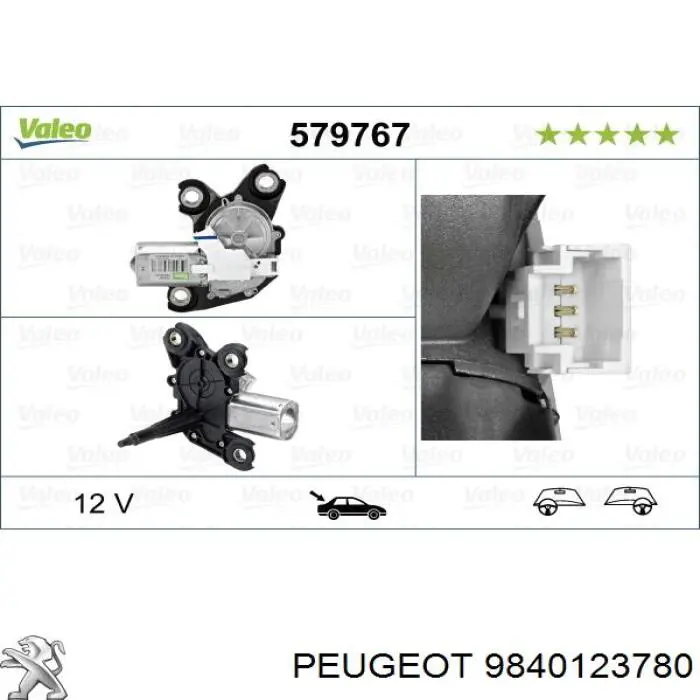 9840123780 Peugeot/Citroen Motor de limpador pára-brisas de vidro traseiro