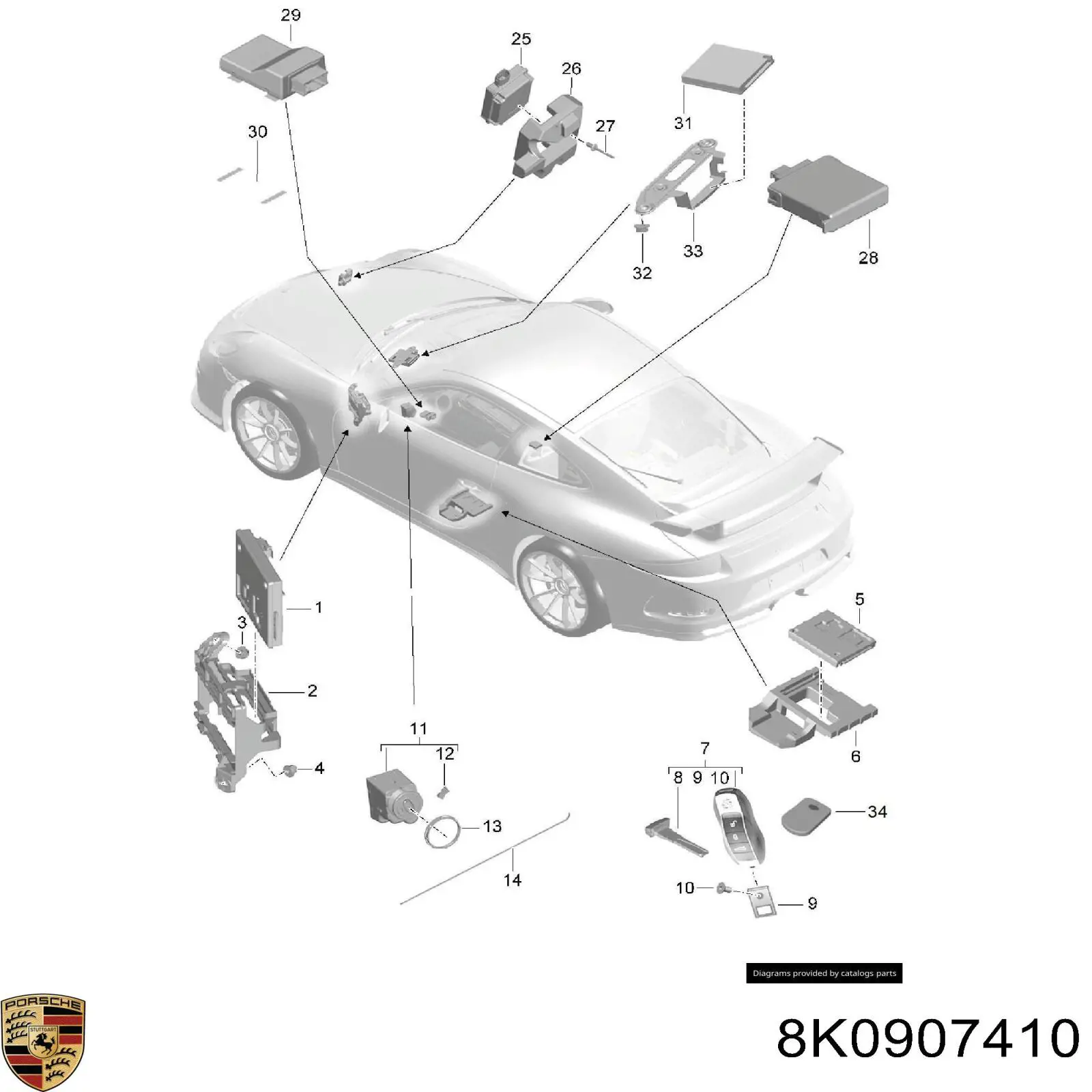 8K0907410 Porsche Unidade de controle do sistema de abertura do portão da garagem