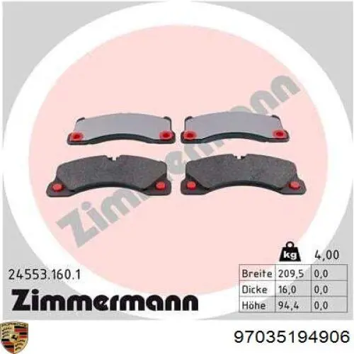 Sapatas do freio dianteiras de disco Porsche 97035194906 preço, a partir de 83,23 USD