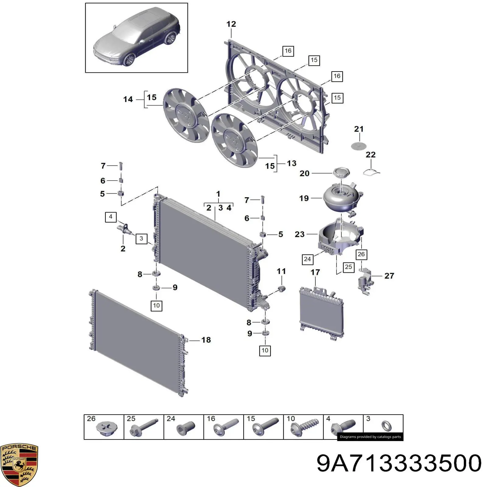 9A713333500 Porsche Acoplamento de união do radiador de esfriamento