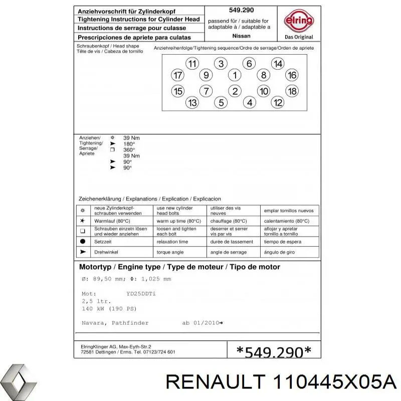 110445X05A Nissan/Infiniti Vedante de cabeça de motor (CBC)