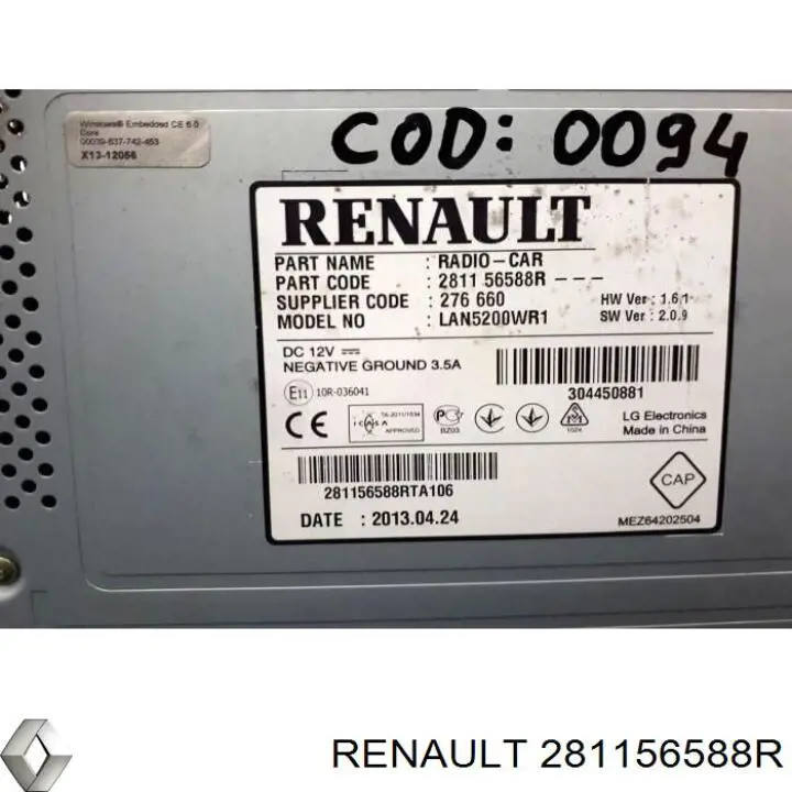 Aparelhagem de som (rádio AM/FM) Renault (RVI) 281156588R