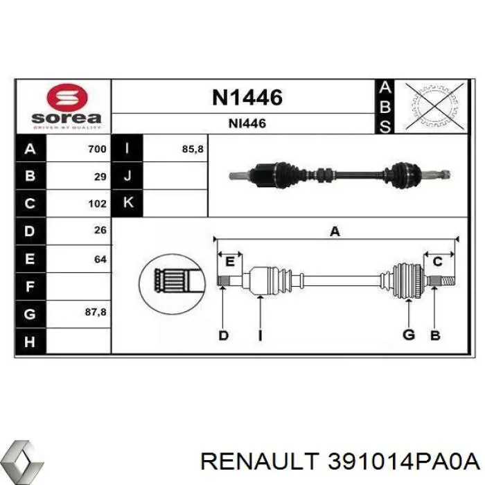 Semieixo (acionador) dianteiro esquerdo 391014PA0A Renault (RVI)