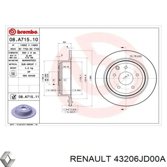 Disco do freio traseiro 43206JD00A Renault (RVI)